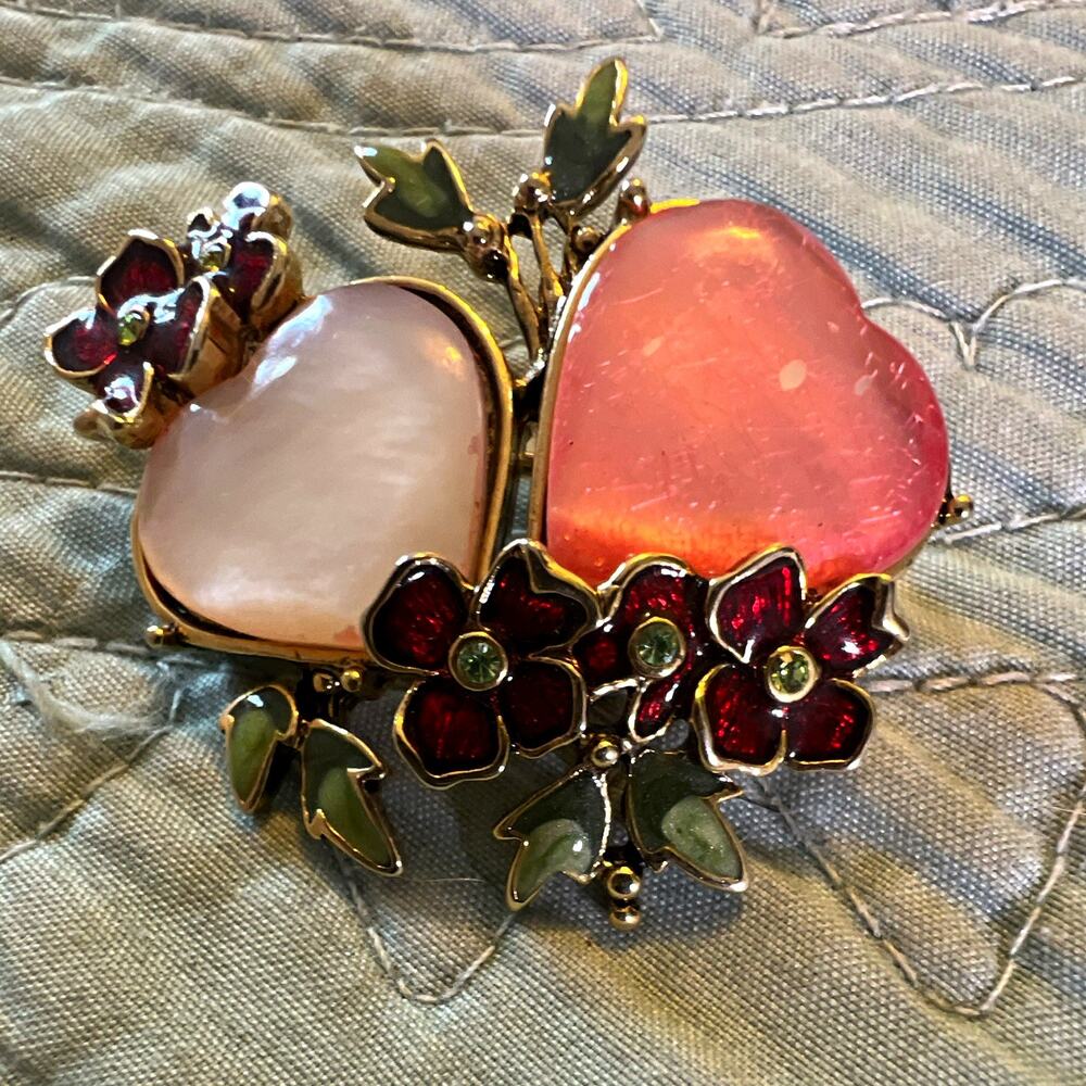 Signed Monet Heart & Flower Brooch Pin - Gold Tone Pink Red Green Enamel